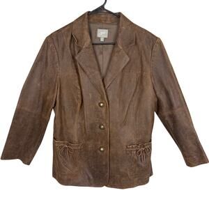 J. Jill Plus Size Brown Waxed Leather Jacket Metal Buttons Peplum Back Size 1X